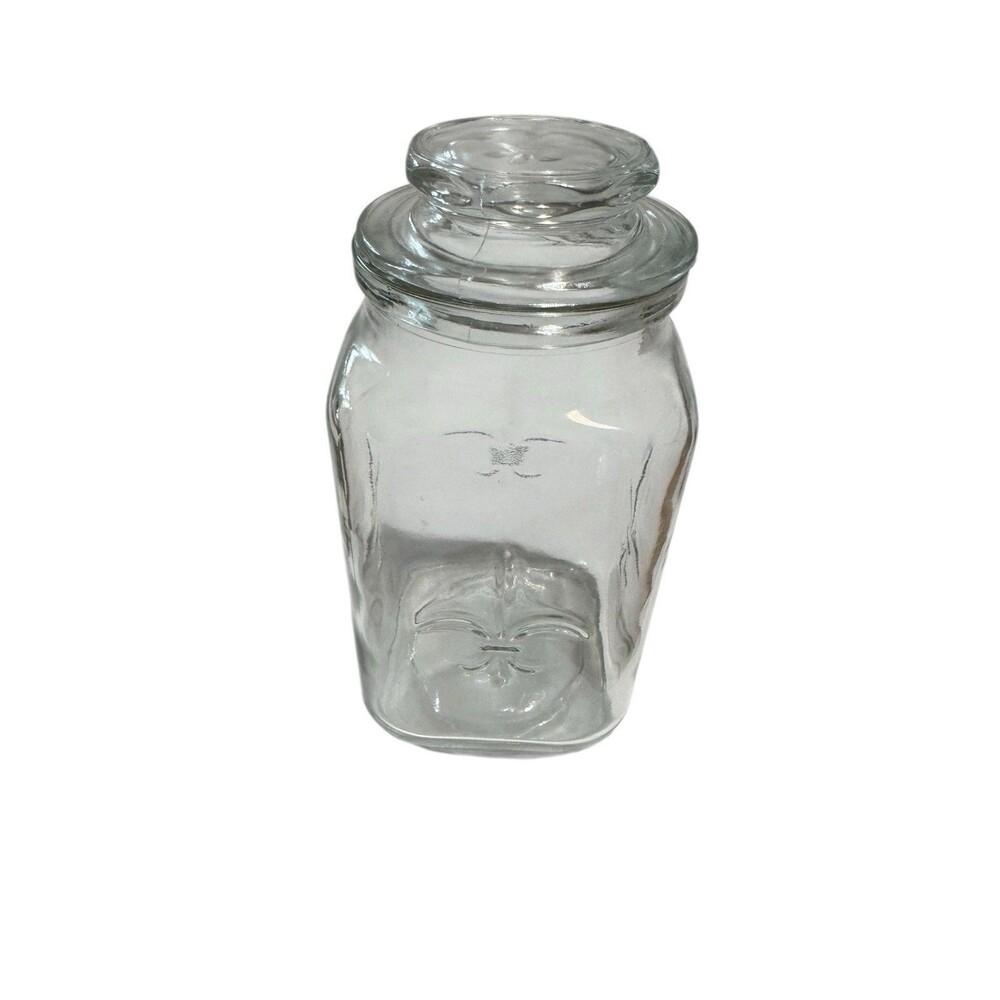 Vintage Fleur De Lis Clear Glass Apothecary Jar Canister Farmhouse Anchor Hock